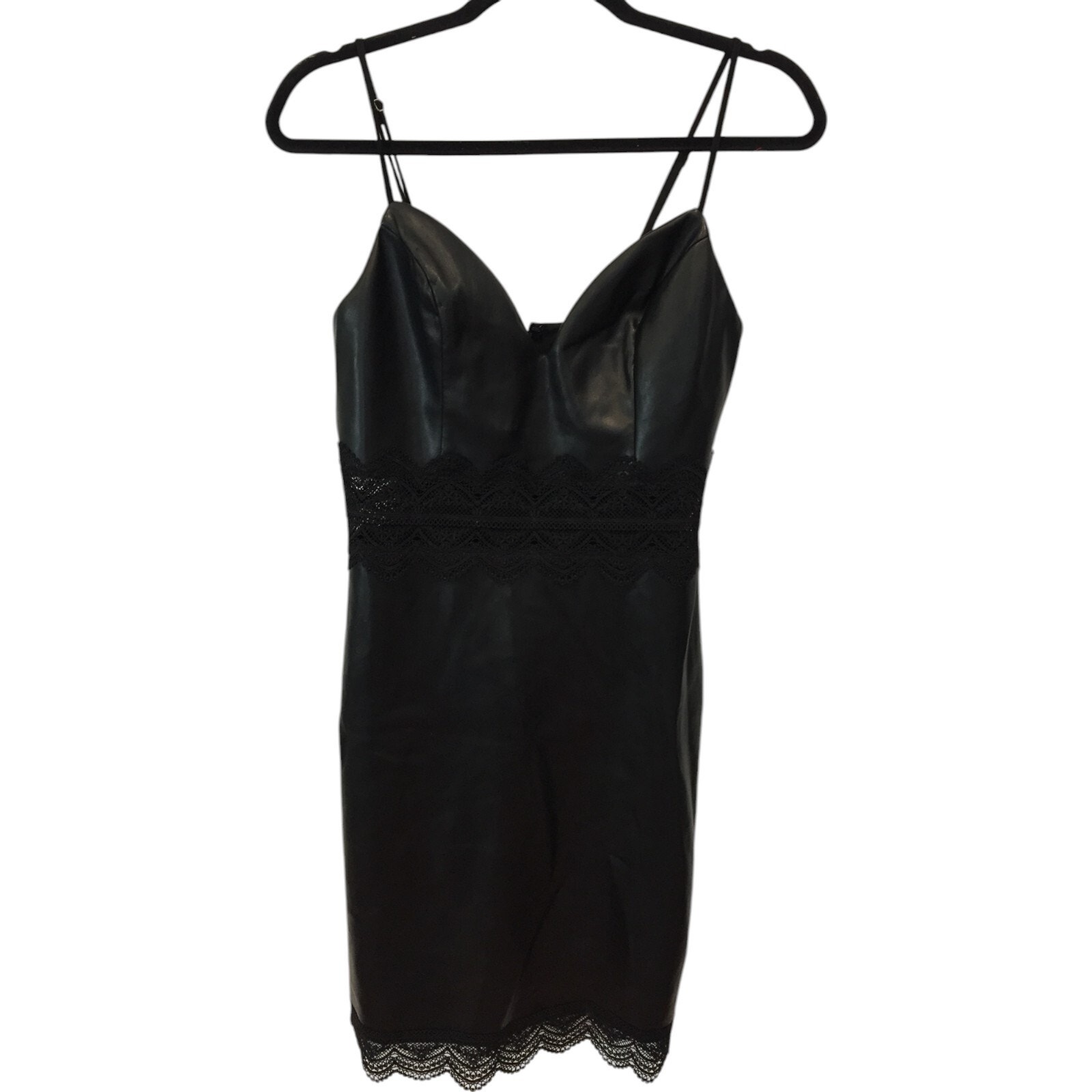 Bebe Faux Leather And Lace Mini Dress Womens Small Spaghetti Strap V Neck Black